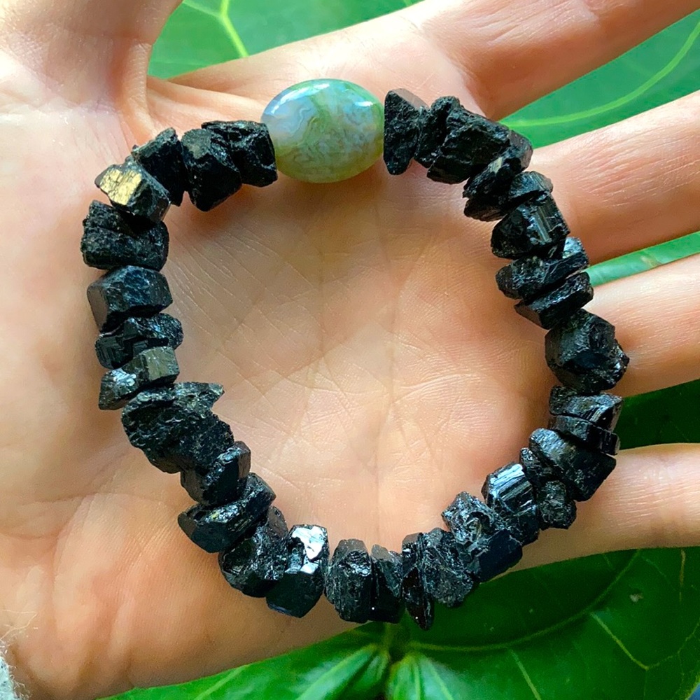 Moss Agate, Black Tourmaline Bracelet